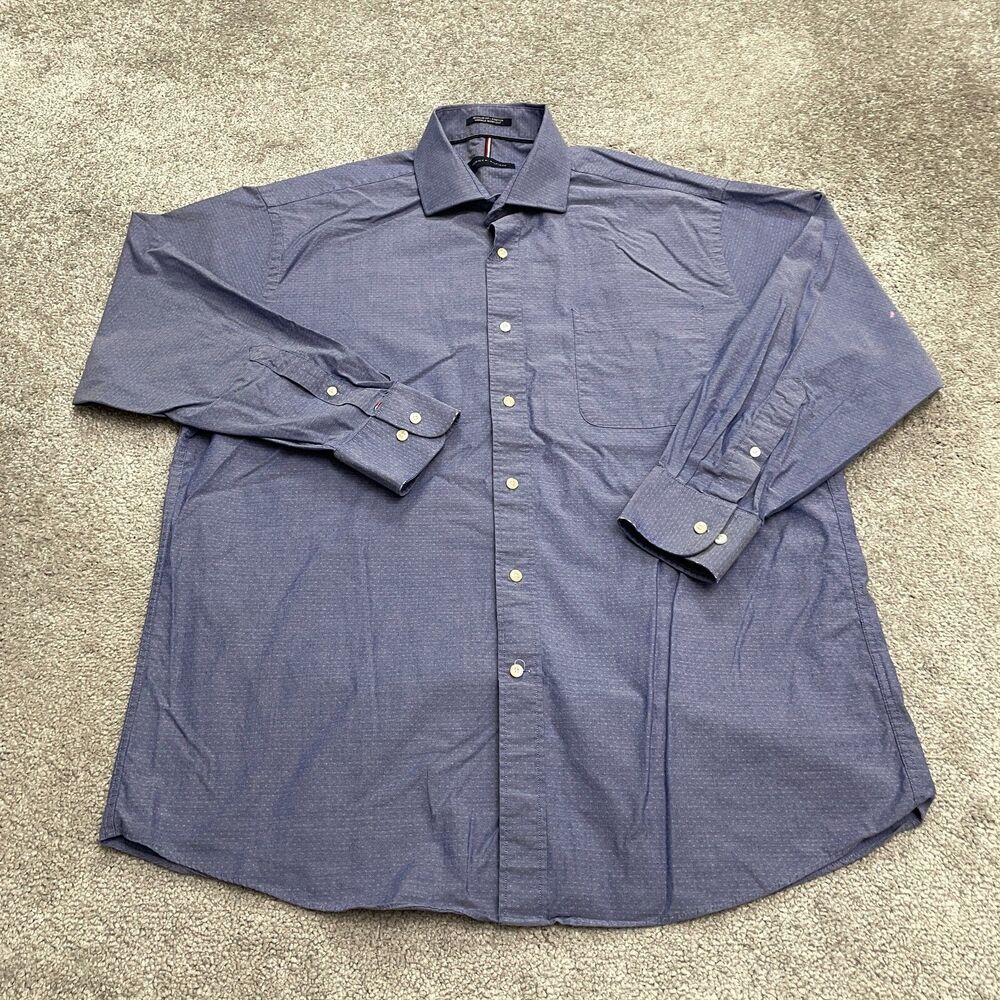 Tommy Hilfiger Regular Fit Dress Shirt Mens Large Blue Stretch Wrinkle Resistant
